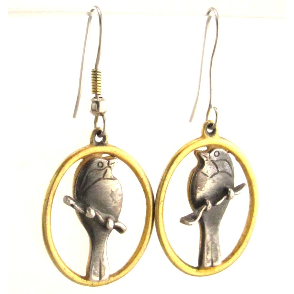 Vintage Silver & Gold Tone 3d Sparow Bird Charm Dangle Earrings Fairy Core